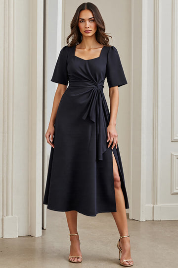 A Line Navy Square Neck Work Dress with Slit